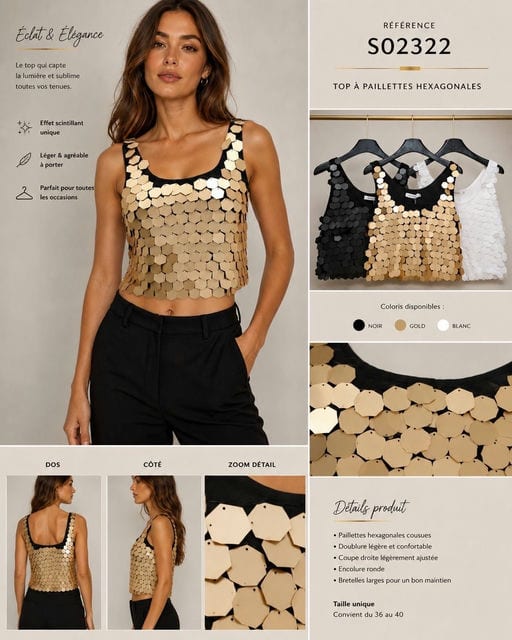 Top Paillettes Hexagonales — Réf. S02322 — Prévente — Grossiste GIORGIA paris
