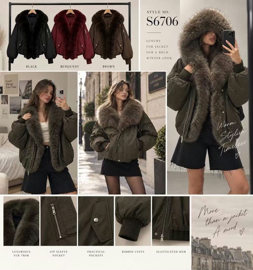 Manteau zippé avec ouverture et capuche fourrure — Réf. S6706 — Manteaux & Vestes — Grossiste GIORGIA paris