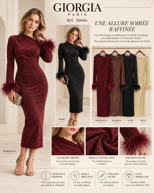 Robe Longue poignets plume — Réf. 26666 — Robes & Jupes — Grossiste GIORGIA paris