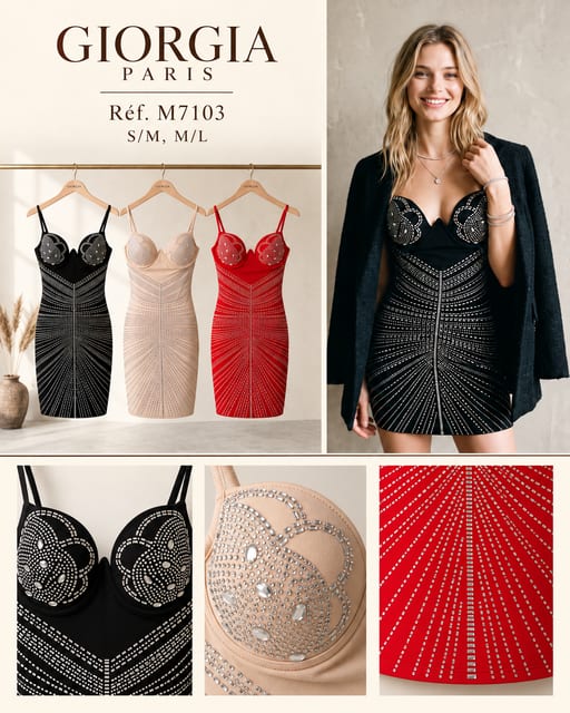 Mini Robe Bustier Studs Rayonnant — Réf. M7103 — Robes de Soirée — Grossiste GIORGIA paris