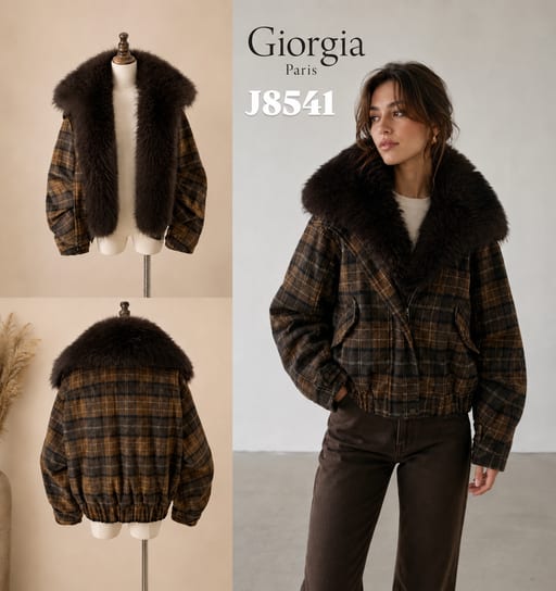 Veste courte à carreaux avec col effet fourrure — Réf. J8574 — Prévente — Grossiste GIORGIA paris