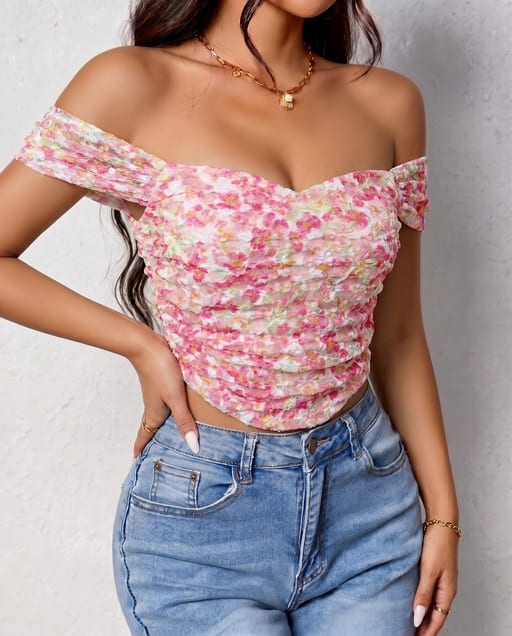 Crop top fleuri texturé — vue 2