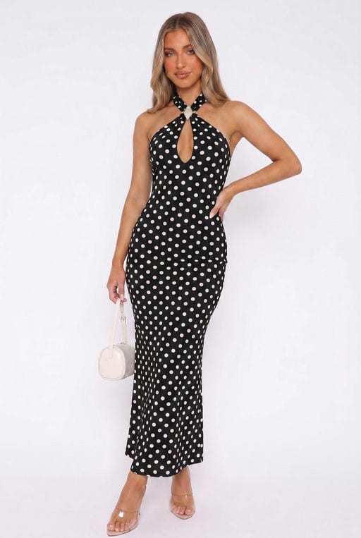 Robe longue à pois et col bijou — Chic & Soirée — Grossiste GIORGIA paris