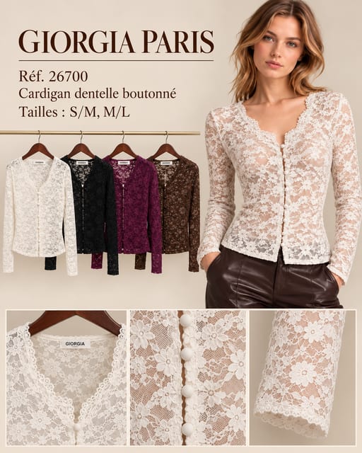 Cardigan dentelle boutonné — Réf. 26700 — Prévente — Grossiste GIORGIA paris