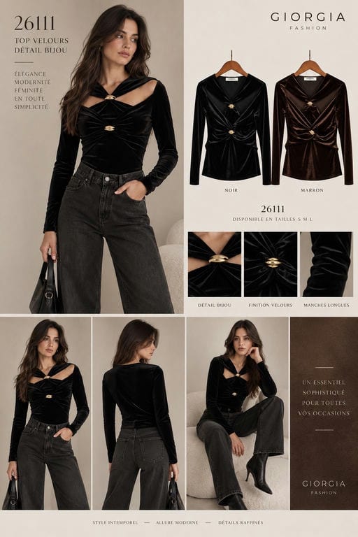 Top Velours Nœud Bijou — Réf. 26111 — Tops & Pulls — Grossiste GIORGIA paris