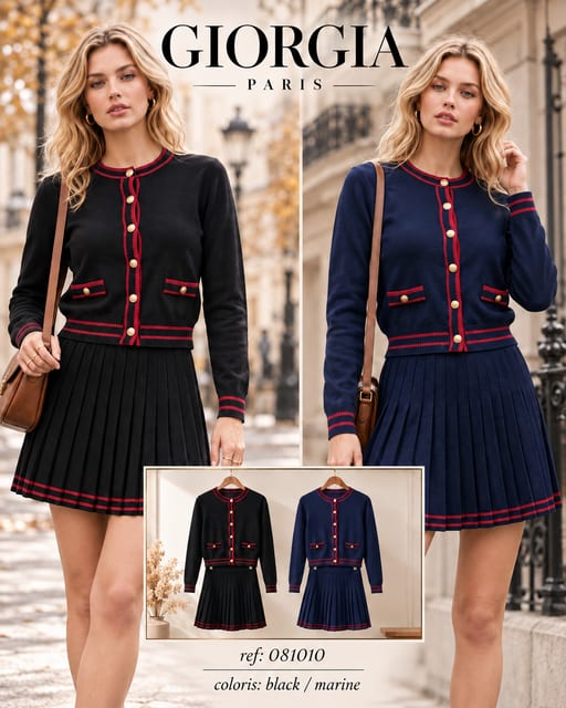 Ensemble Cardigan Jupe Prépy — Réf. 081010 — Pantalons & Ensembles — Grossiste GIORGIA paris