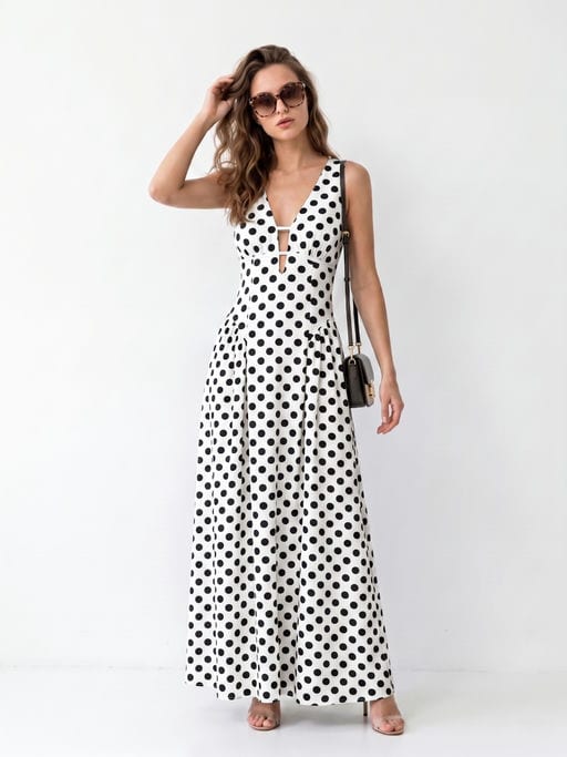 Maxi Robe Pois – Col Plongeant — Réf. M7601 — Chic & Soirée — Grossiste GIORGIA paris