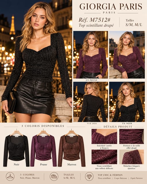 Top Scintillant Drapé — Réf. M7512# — Tops & Pulls — Grossiste GIORGIA paris