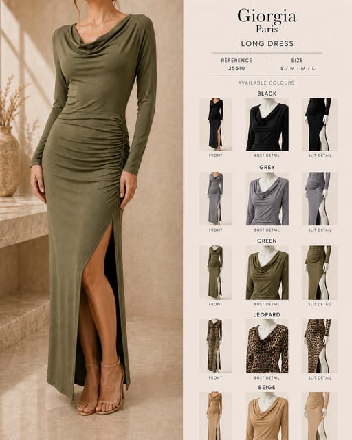 Maxi Robe Drapée Fente — Réf. 25610 — Robes & Jupes — Grossiste GIORGIA paris