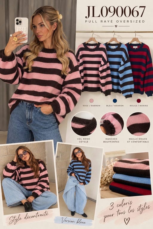 Pull rayé oversized trendy — Réf. JL090067 — Tops & Pulls — Grossiste GIORGIA paris