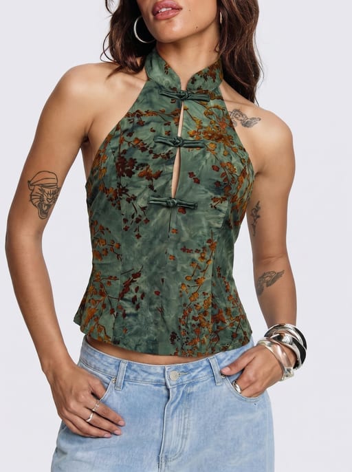 Top halter neckline floral asiatique — Réf. 26517 — Urban Woman — Grossiste GIORGIA paris