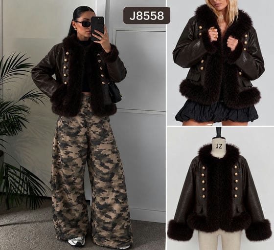 Manteau simili cuir, extrémités faux fourrure — Réf. J8558 — Manteaux & Vestes — Grossiste GIORGIA paris