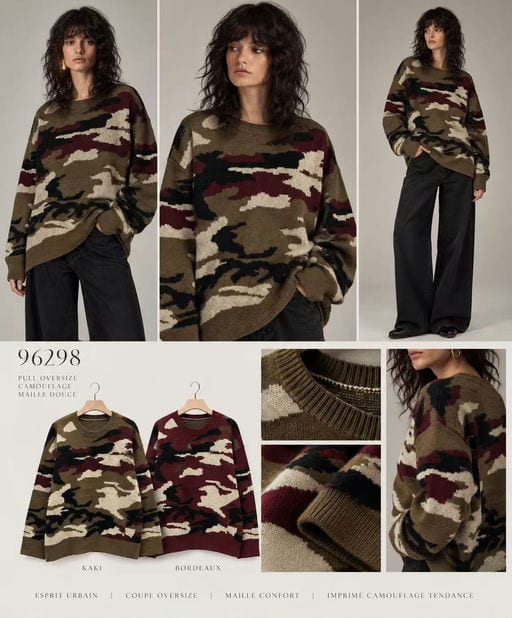 Pull oversize camouflage — Réf. 96298 — Prévente — Grossiste GIORGIA paris
