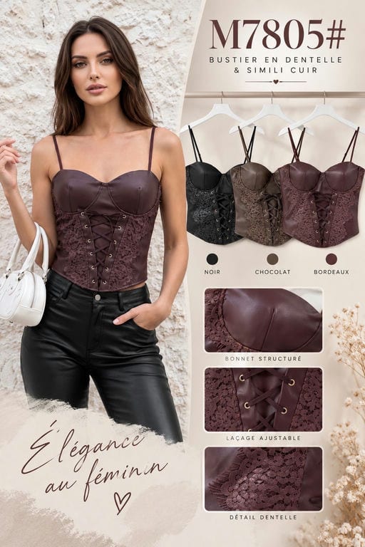 Bustier en dentelle simili cuir — Réf. M7805# — Tops & Pulls — Grossiste GIORGIA paris