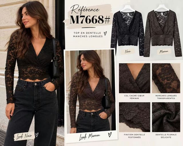 Top en dentelles manches longues — Réf. M7668# — Tops & Pulls — Grossiste GIORGIA paris